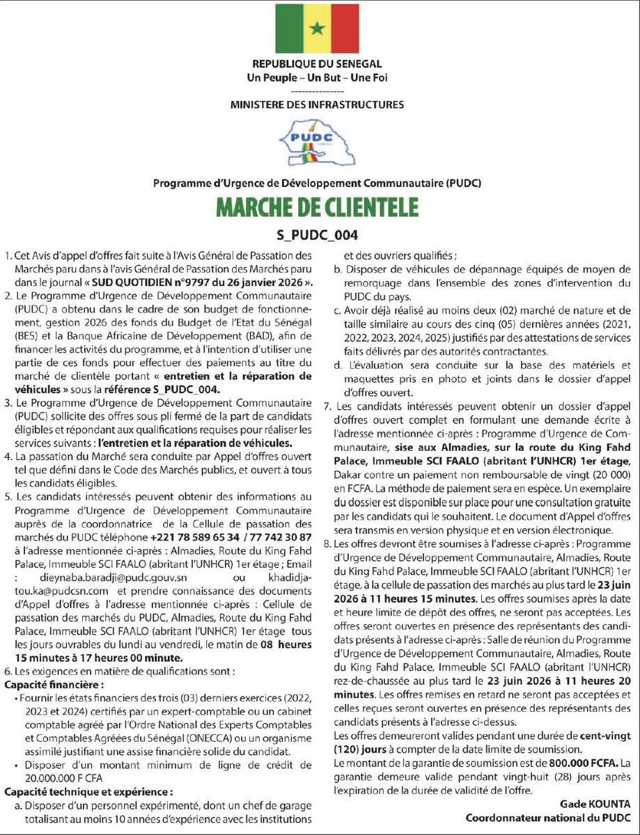 pudcsenegal's tweet photo. Marché de clientèle : entretien et la réparation de véhicules.

#AAO #Offre #PUDC #Ministere_Des_Insfractuctures https://t.co/dnV0G7RXn0
