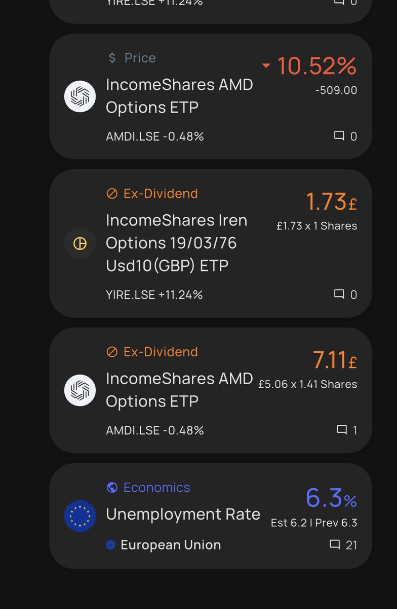 AutoInfatuation's tweet photo. @JamesP728 @MyLegoBookFund Sorry to jump in here but does this not seem insane to you? Income Shares AMD Options are going to pay me £7.11 from a whole £60 worth of shares 🤯 https://t.co/Xwd3mWB6CZ