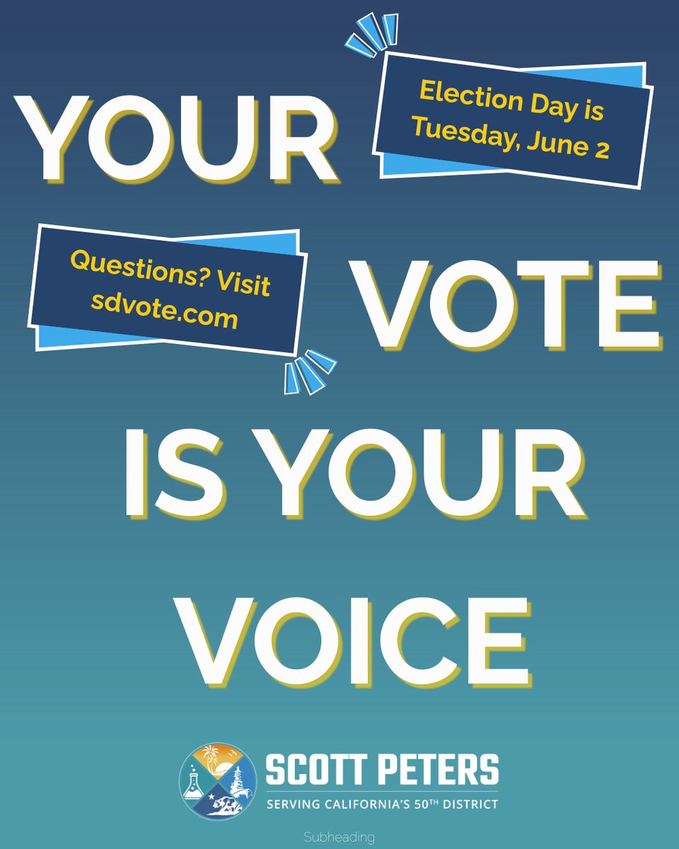 RepScottPeters's tweet photo. It’s Election Day in California! If you have not already, go exercise your patriotic duty, right, and privilege. Your vote is your voice and your voice matters. Visit https://t.co/WYtINaKhpr to learn how to cast your ballot today. https://t.co/KiozB7sA26