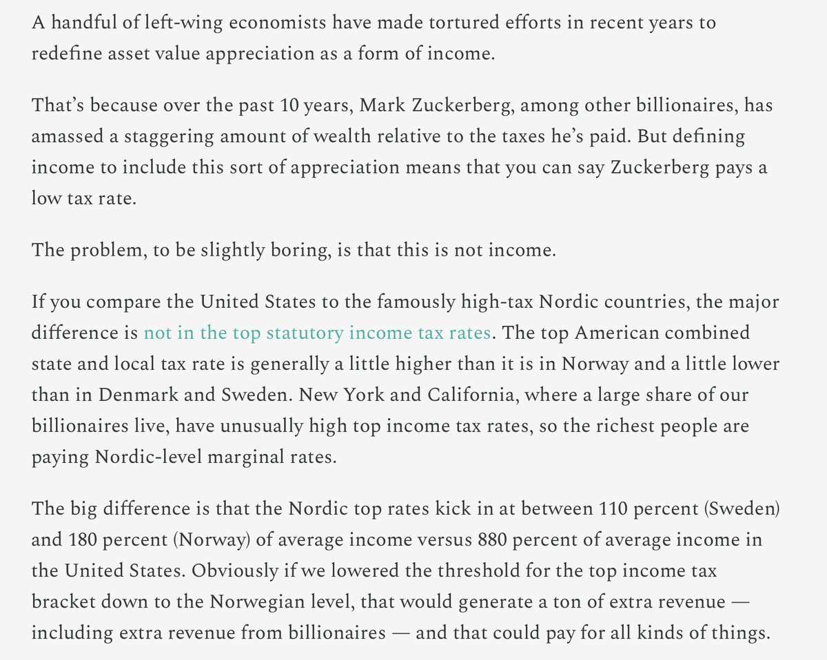 RichardHanania's tweet photo. Billionaires in America already for the most part pay as much as billionaires in Nordic countries.

But socialists want to pretend otherwise, so they pretend that unrealized gains are income. https://t.co/iyiYlaSWNW