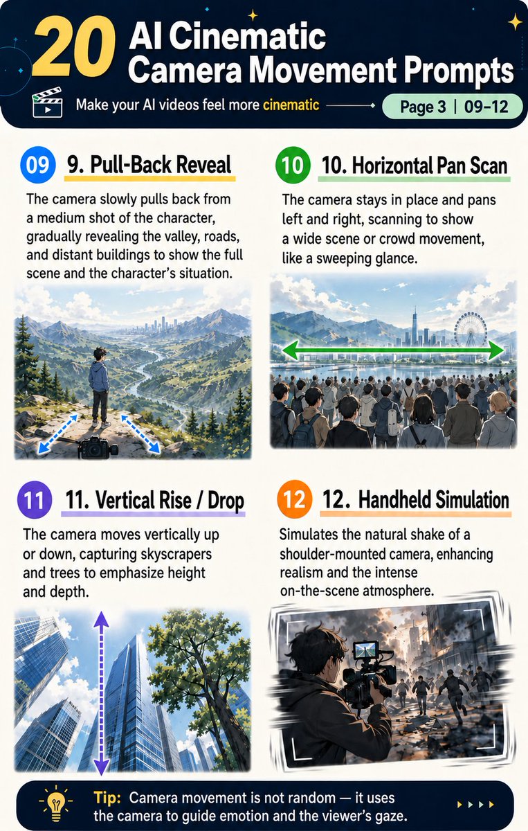 CoderJunkie's tweet photo. AI animated drama feels like a slideshow?

Most of the time, it’s not because the model is weak.
It’s because the camera movement isn’t written clearly enough.

Here are 20 cinematic camera movement prompts you can use to make AI videos feel more dynamic, emotional, and film-like.

Part 1: 01–16 🎬

#AI #AIVideo #PromptEngineering #AIAnimation