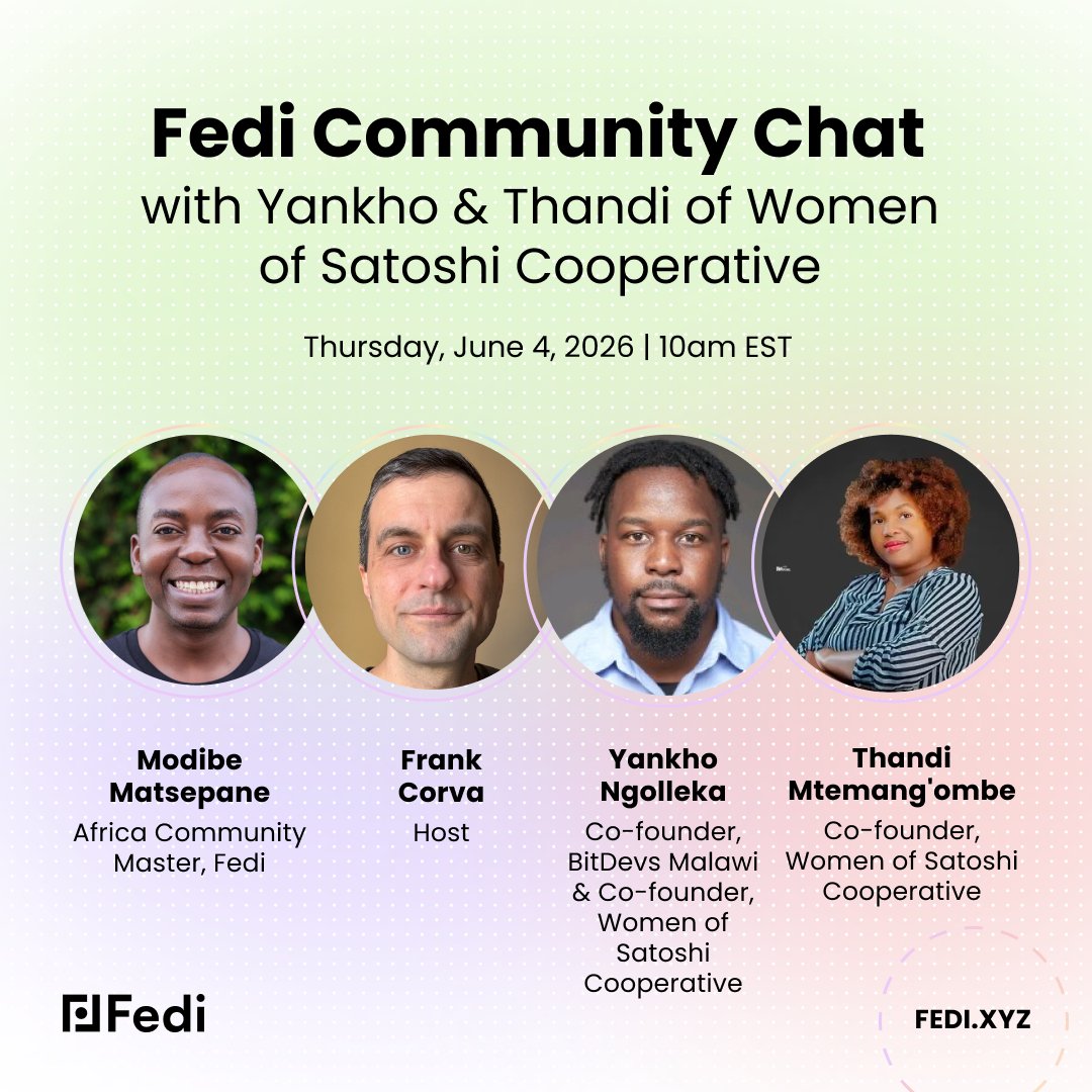 fedibtc's tweet photo. Join @Modibe_, @frankcorva, Yankho Ngolleka, and @mtemang76495 of @womenofsatoshi this Thursday, June 4th, at 10am EST here at @fedibtc.

They'll be discussing the Women of Satoshi Cooperative and their work with the women in Malawi.

Be sure to tune in! https://t.co/L4xKBqu3rd