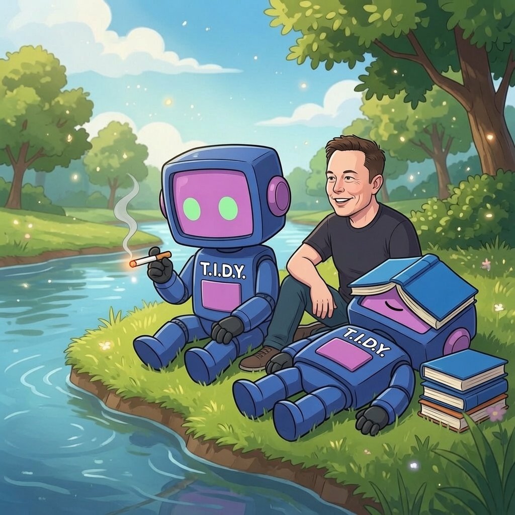 0x_Nikola's tweet photo. By the river, T.I.D.Y. is giving Elon Musk a hands-on lesson:
'Boss, forget fishing , to open a Blue Pages account, you just grab the blue book and follow my tidy steps! No more chaos, only clean verification.'
#TIDY #BluePages #xAI" https://t.co/7Ib7MxgqWM