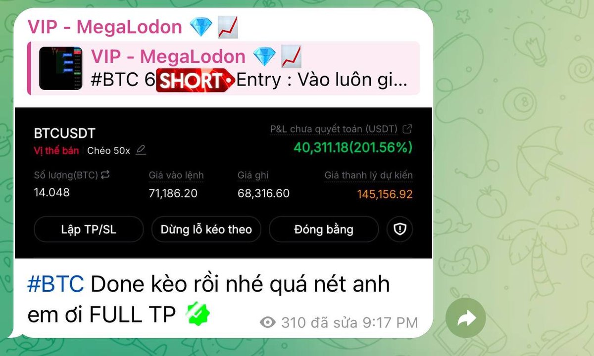 LouisRichMan99's tweet photo. Khi thị trường downtrend, đa số trader lỗ.
Nhưng đây là kết quả của VIP MegaLodon hôm nay 👇

📍 $BTC SHORT từ $71,186
🎯 Full TP tại $68,196
💰 P&L: +201.56% — $40,311 USDT lợi nhuận

Không may mắn. Không đoán mò.
Chỉ là phân tích kỹ thuật có hệ thống
và signal được gửi trước khi thị trường di chuyển.

472 thành viên VIP đang nhận signal mỗi ngày.
Bạn thì chưa.

📌 Follow → xem signal miễn phí tại bio
🔗 [Link] https://t.co/kDAVuxguoP

#BTC #Bitcoin #SignalVIP #CryptoVietNam
#BTCUSDT #CryptoSignal #TradingVietNam #Crypto