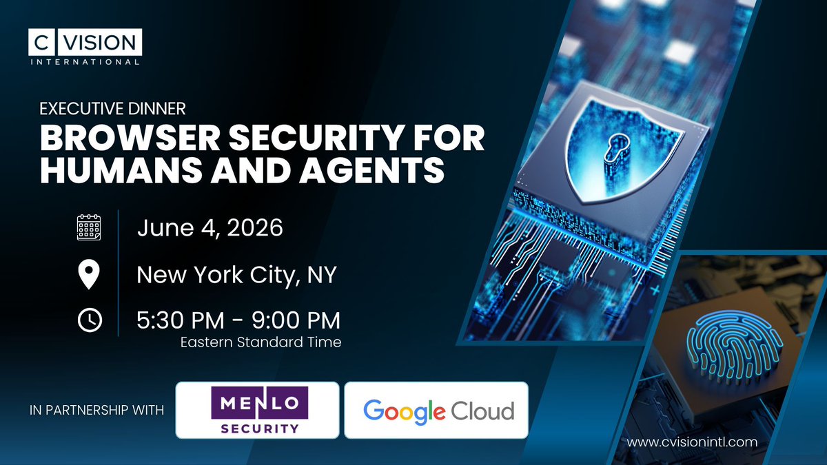 Cvisionintl's tweet photo. See you in NYC on June 4... More details here: https://t.co/jSBEIsZLlh 

#CVisionIntl #menlosecurity #browsersecurity #ciso #cio #cybersecurity https://t.co/dG11CjxU0r
