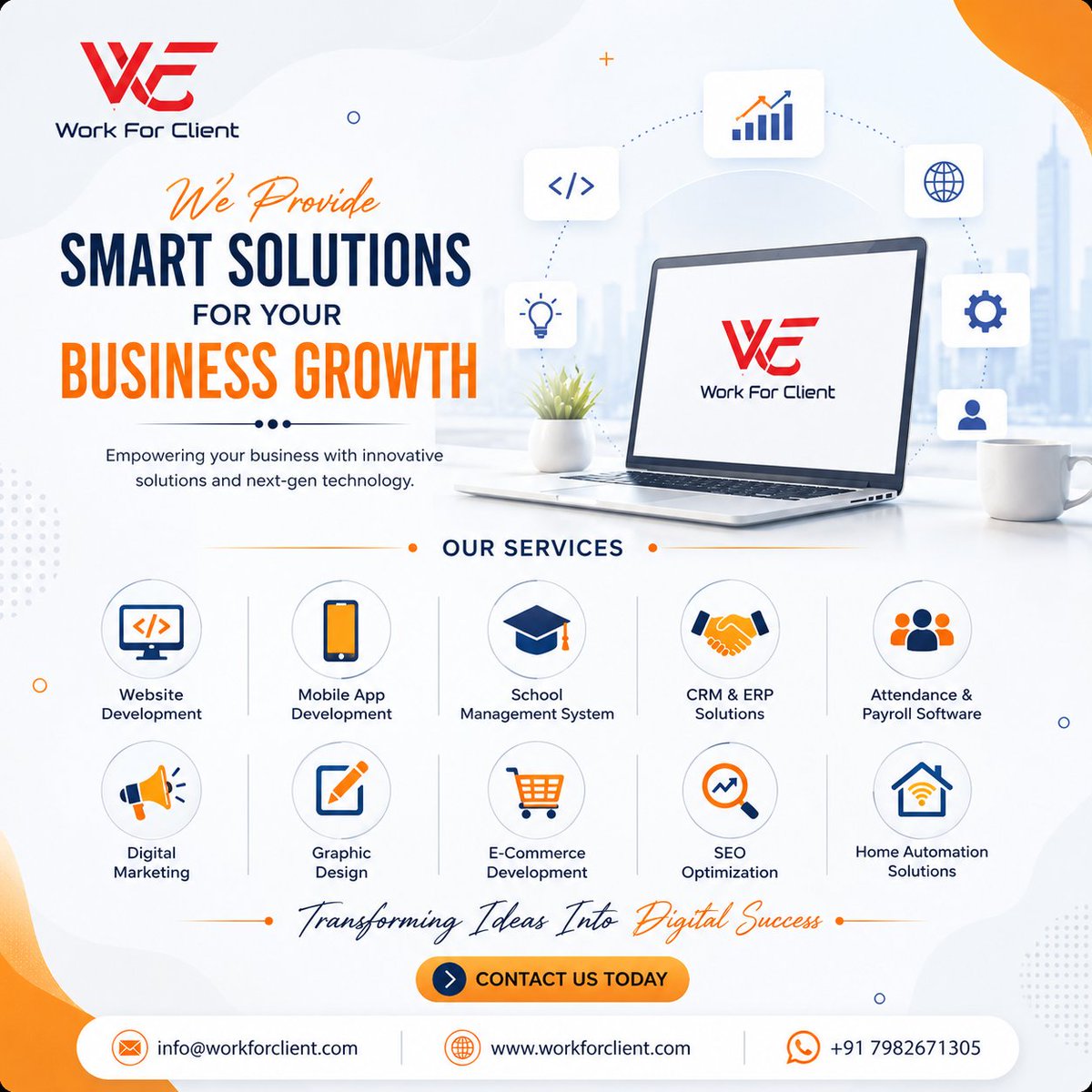 WorkForClient's tweet photo. 🚀 Empowering businesses with smart digital solutions.

🌐 Website Development
📱 Mobile Apps
⚙️ CRM &amp; ERP Solutions
🎓 School Management Systems
📈 Digital Marketing &amp; SEO
🏠 Home Automation
Transforming Ideas Into Digital Success. https://t.co/72k3FDodGD