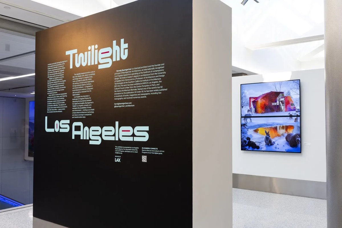 archinect's tweet photo. Twilight LA, a 3,000-square-foot exhibition of uncanny AI-generated domestic interiors by architect and SCI-Arc professor Herwig Baumgartner, is now on view at LAX Terminal 7 through early 2027. 📸 Los Angeles World Airports

https://t.co/HSqyAlbjCl https://t.co/BEOEWtGj8M