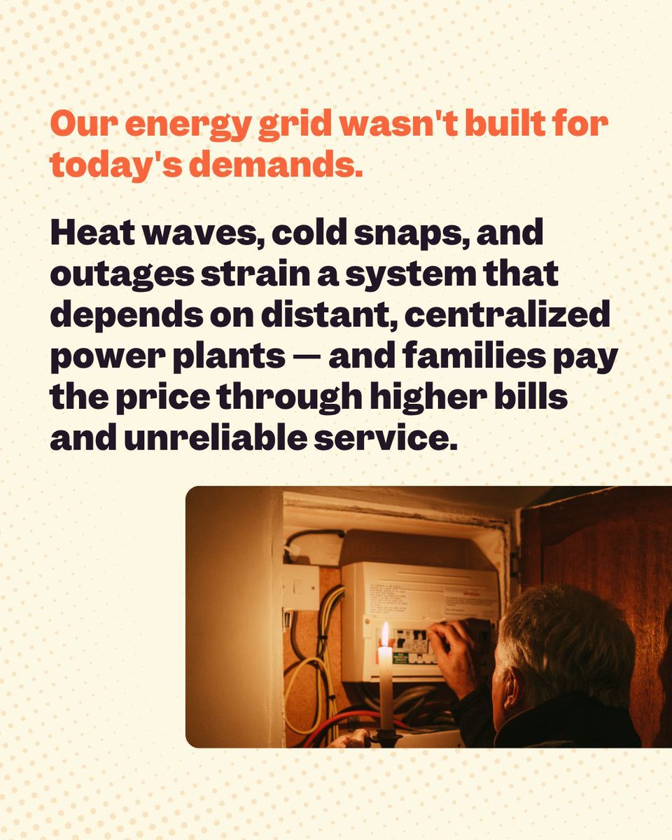 votesolar's tweet photo. Extreme heat, power outages, and grid failures hit hardest in communities already struggling to make ends meet.

Community Power Networks help change that by turning new and existing energy sources like local solar and battery storage, smart thermostats, and EV chargers into a community-wide backup system. It’s a way for communities to control their energy future — and to make reliable clean power accessible for everyone.

Learn more about the energy system of tomorrow that we can invest in today: https://t.co/mmECPcfYoq