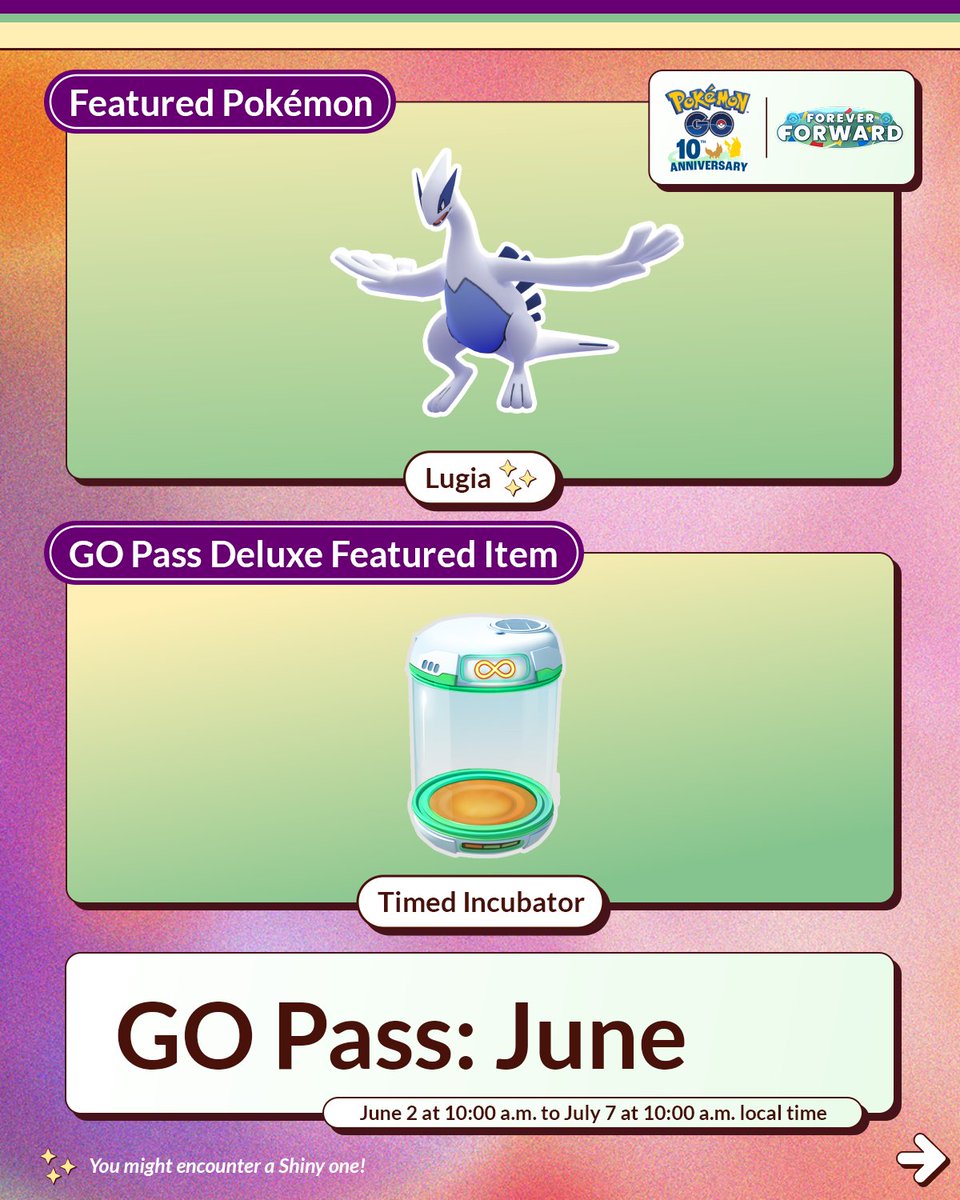 PokemonGoApp's tweet photo. Let’s GO, Trainers! 🤩

It’s time to collect GO Points to increase your rank, encounter Lugia, and more with GO Pass: June in #PokemonGO! https://t.co/HObgn8faql