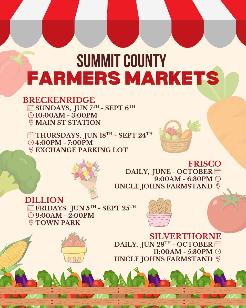 PeakAtBreck's tweet photo. Farmers Markets return this week around Summit County! Shop local &amp; support our town by adding a few to your itinerary!🍅🥦🍒🌽🍓
Remember to book your summer stay with Peak Property - the longer you stay the more you save! https://t.co/ykW4lxdRTM