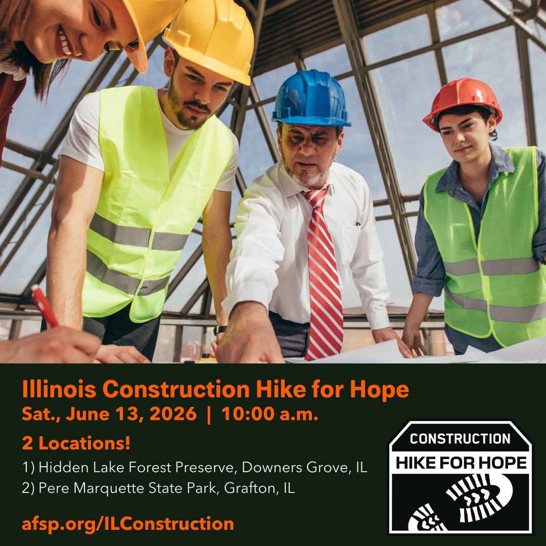 AFSPIL's tweet photo. AFSP's Construction Hike for Hope brings crews, families, and communities together to raise awareness and take action for mental health.

📍 Hidden Lake Forest Preserve (Downers Grove) &amp; Pere Marquette State Park (Grafton)
📅 Saturday, June 13
💻 https://t.co/pQnTt0KaiD https://t.co/gnTK8SMrat