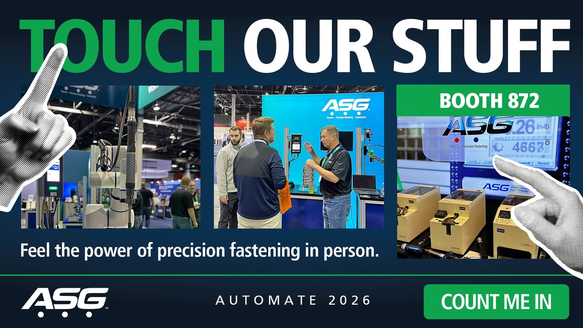 ASGJergens's tweet photo. You gotta see it and feel it to believe it. Our team will be at Automate this year in booth 872 eager for you to touch our stuff. ASG fastening solutions integrate easily into automated and semi-automated workstations and we can help you get a plan in motion. See you there? https://t.co/LLzZl0eXIW