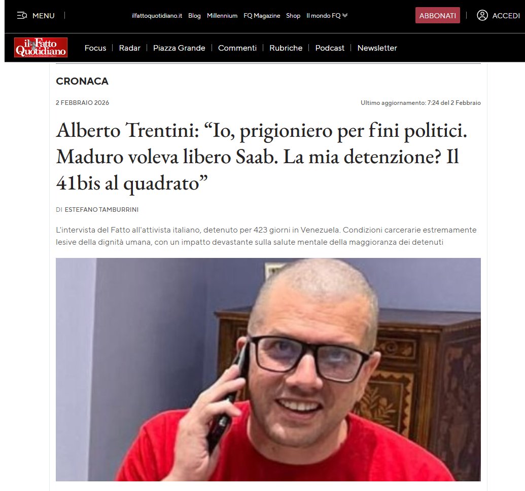 ArmandoInfo's tweet photo. En una entrevista para Il Fato Quotidiano, publicada el 2 de febrero, el propio Alberto Trentini declaró tras la liberación que “yo estuve preso por razones políticas. Maduro quería la libertad de Saab” 👇🏻https://t.co/j4GFcdoan4 https://t.co/MxPK10pCAT