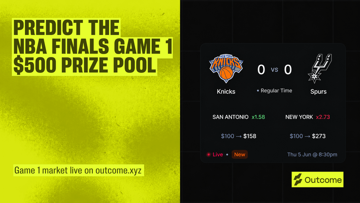Outcomexyz's tweet photo. A full season down. One last series left to call.

Predict the exact NBA Finals Game 1 score to win $500.

Make your call and QRT the outcome
Requirements for entry below👇 https://t.co/35MKmzpFLZ