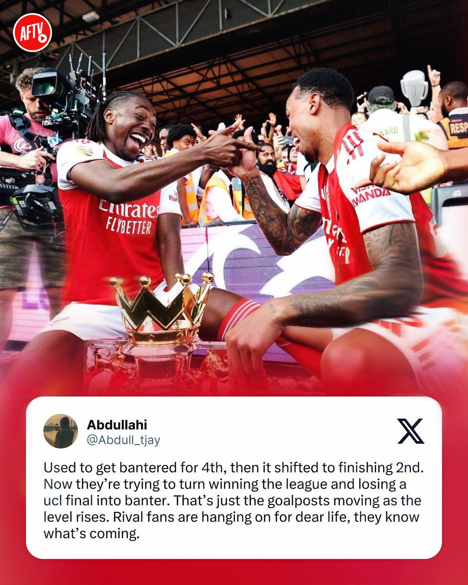 AFTVMedia's tweet photo. Remember when rival fans used to banter us just for finishing 4th? Then the narrative shifted to mocking us for finishing 2nd. Now, they are actually trying to turn winning the Premier League and reaching a Champions League final into a joke? 😭 

The goalposts move because the level keeps rising.