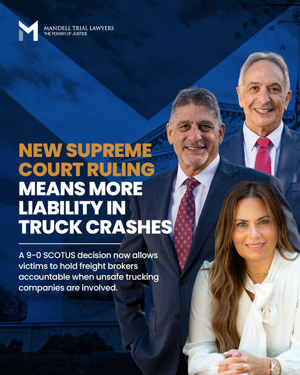 MandellLaw's tweet photo. 🚨 A unanimous 9-0 SCOTUS decision in Montgomery v. Caribe Transport now allows victims to hold freight brokers accountable when unsafe trucking companies are involved. That means responsibility may extend far beyond just the truck driver.

📞(818) 886-6600 https://t.co/9rXkESXAk7