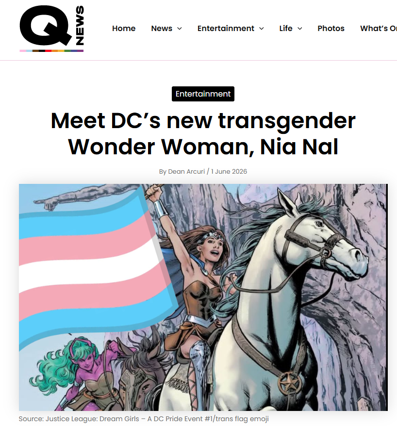 AI_EmeraldApple's tweet photo. Like I said...
Woke is not dead, it's in remission.

They still keep injecting LGBTQ into things where it does not belong, like this case, where they add a transgender 'Wonder Woman'. 

The new trans movement is not about acceptance or the old 'live and let live' motto. It's a subversion of expected cultural norms, flipped on its head, affirming people's perverted mental illnesses... and an all-out assault against traditionally 'straight' hobbies and lore.