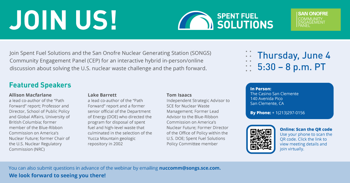 asfsnow's tweet photo. There’s still time! ⏰

Join SFS and SONGS CEP tomorrow for an interactive hybrid in-person/online discussion featuring Allison Macfarlane, Lake Barrett and Tom Isaacs on solving the U.S. nuclear waste challenge and the path forward.

We look forward to seeing you there! https://t.co/XoA1vXhYZh