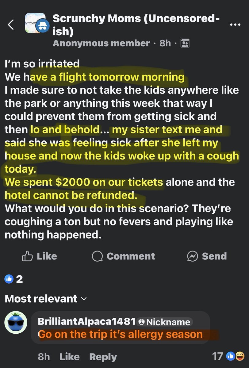 envidreamz's tweet photo. This is why I don’t trust anybody!😭 

A mom says her sister came over and got her kids sick and now she is supposed to get on a plane to go on vacation tomorrow and doesn’t know what to do.

And the entire world on FB just hits her up with comments like “it’s just a cough” while rocking onion socks, slamming honey like it’s tequila shots, 
and screaming “GIRL YOU BETTER BE ON THAT PLANE!!!”

She got the RONA and just casually out there spreading… “Oh well.” 🤷‍♀️