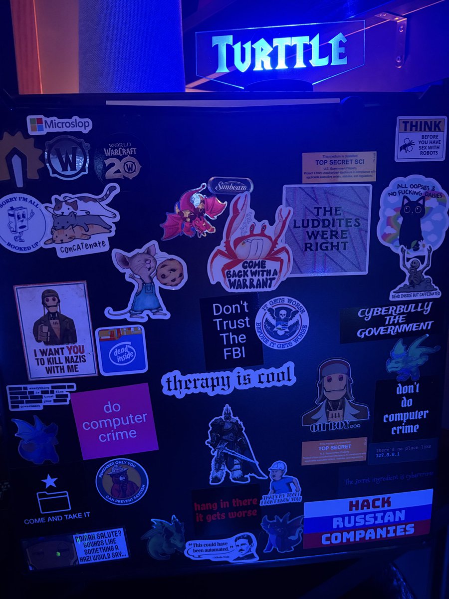 turttlena's tweet photo. My collection of stickers migrating from my burner laptop to my mini fridge https://t.co/QUnZXGQuB6