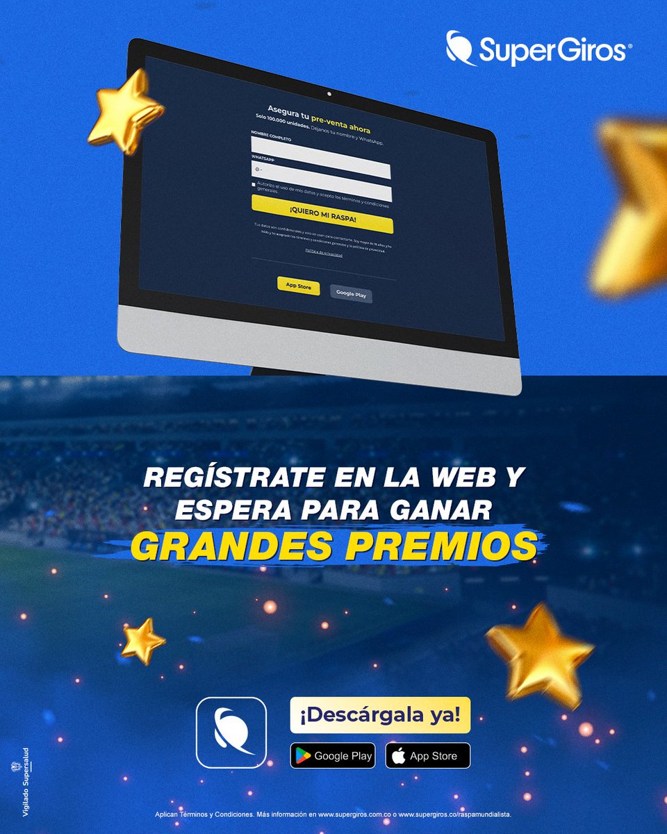 SuperGiros_'s tweet photo. ¿Pensando en tus apuestas de la semana? 🧐 ​
¡Hazlas desde la App SuperGiros! ​
Compra $10.000 o más en apuestas y te aseguras un cupo para el #RaspaMundialista.

Así de fácil: apuestas, registras y te preparas para ganar. https://t.co/rBprRGzWjk