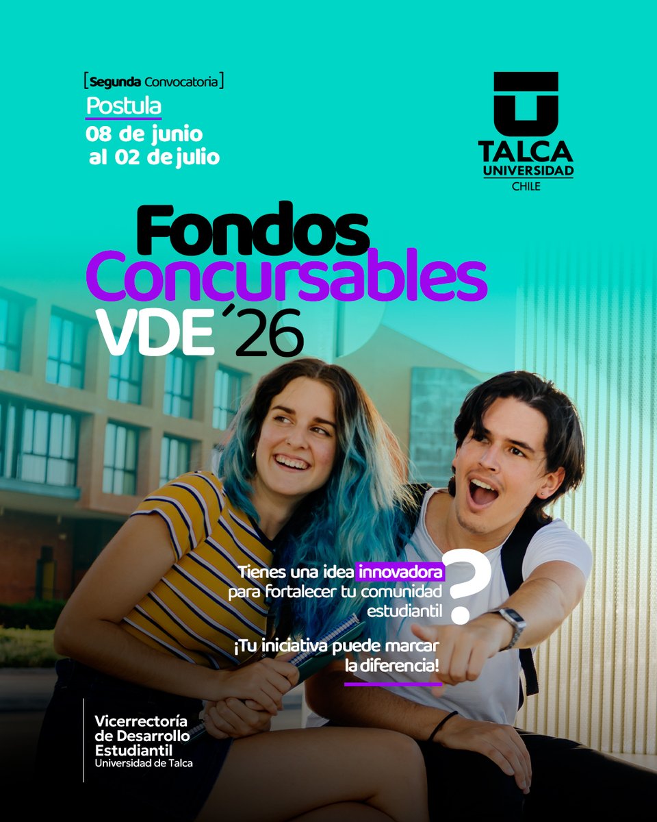 UTalca's tweet photo. Segunda Convovatoria❗
Fondos Concursables VDE💡

¿Tienes una idea innovadora para fortalecer tu comunidad estudiantil?

Postula desde el 08 de junio al 02 de julio. https://t.co/3yNnreMfmj