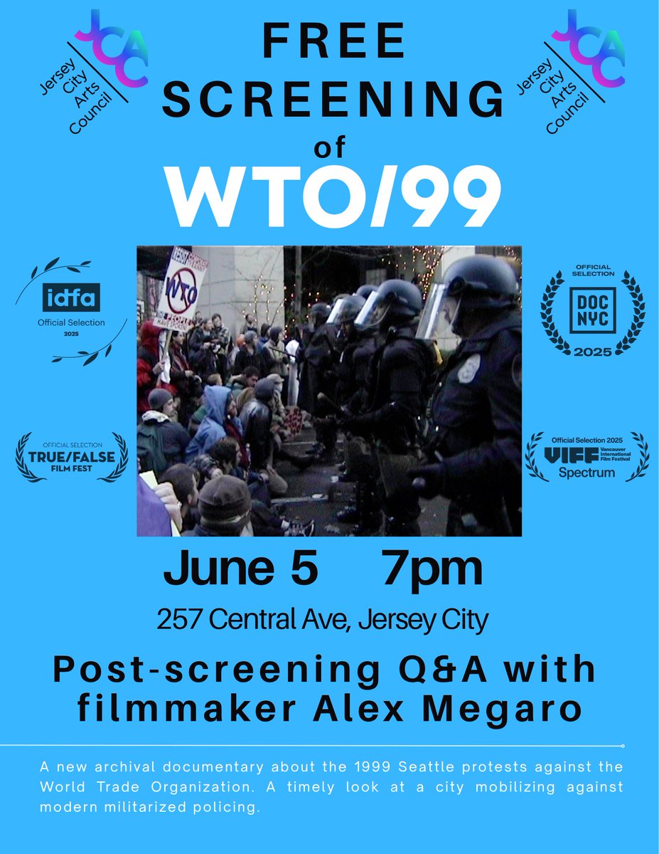 ProphetKotto's tweet photo. JERSEY CITY! Free screening of WTO/99 this Friday June 5. 
@JoelBrooks4JC 
@jake_ephros 
@NorthNJDSA 
@HudCoDSA https://t.co/A4ARF6GYvd