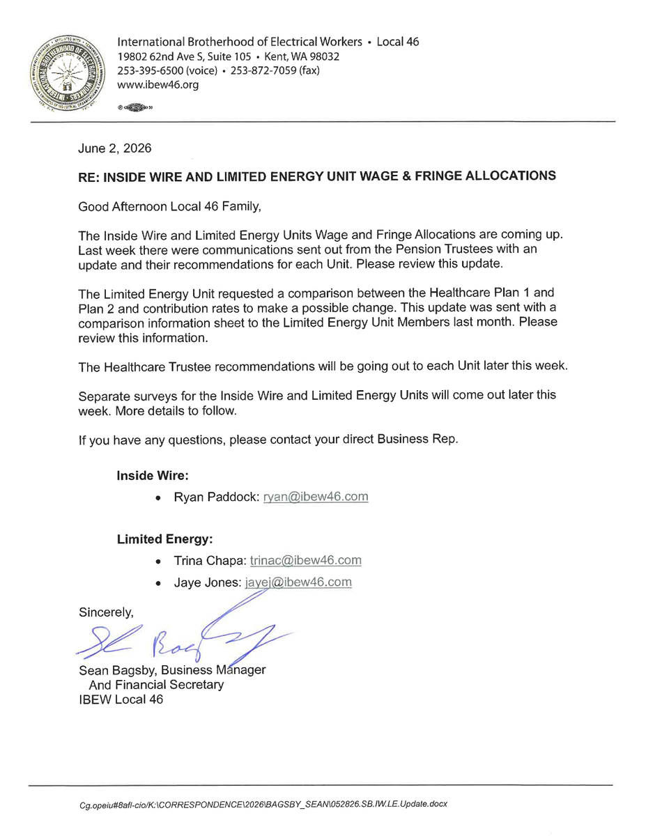 IbewLocal46's tweet photo. 📢 IBEW Local 46 Update: Wage & Fringe Allocations are coming up for Inside Wire and Limited Energy Units. Healthcare recommendations and unit-specific surveys will be released later this week. 

Check your email/member portal to review the full details shown below. Questions? Reach out to your Business Rep! ⚡