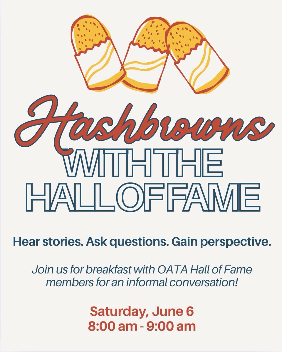 OKATC's tweet photo. ☕️ Hashbrowns with the HOF 

Start your Saturday with breakfast on us and join us for a conversation with past OATA Hall of Fame members Sydney Ringer, Ron Walker, and Brian Coley. 

Bring your questions and join the discussion! 
Saturday, June 6 | 8-9 am https://t.co/mH9D5Qukv3