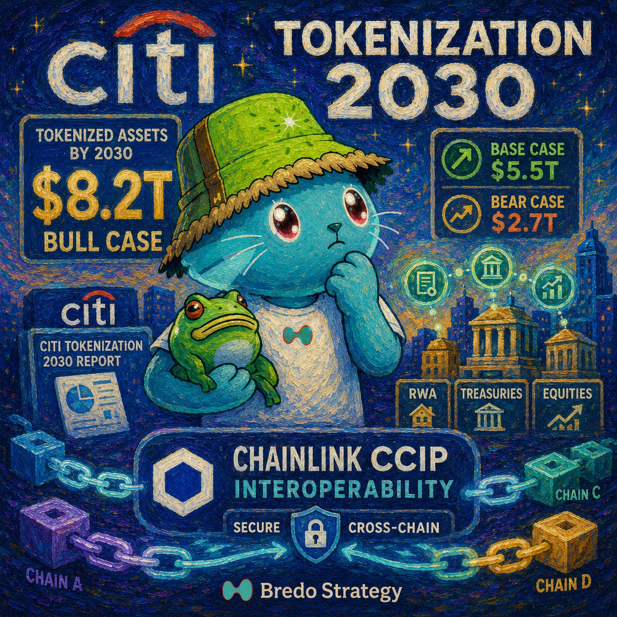DoCryptoBred's tweet photo. Citi Institute released its new Tokenization 2030 report.

The report estimates today’s global tokenized asset market at around $17B and projects it could reach $5.5T by 2030 in the base case, with a $2.7T bear case and an $8.2T bull case.

Citi expects growth to be led primarily by public market securities, especially U.S. equities and Treasuries.

The report also highlights interoperability as a prerequisite for scale, warning that fragmented networks, platforms, and settlement assets could limit liquidity and slow adoption.

In that context, Citi mentions Chainlink CCIP as an open-source standard helping facilitate secure cross-chain communications, including the 2023 ANZ Bank and Chainlink example connecting permissioned and public blockchain environments.

The takeaway: if tokenized markets move toward trillions in value, secure cross-chain connectivity becomes core financial infrastructure.

Source:
 https://t.co/L6G14WmA1R
#Citi #Chainlink #Tokenization #RWA #DeFi #TradFi #Stablecoins #Crypto $LINK $ETH $USDC

BredoStrategy Vault -https://t.co/EZLT76Vfpo
MyReff-ThankYOU - https://t.co/DTGaMiNjNT