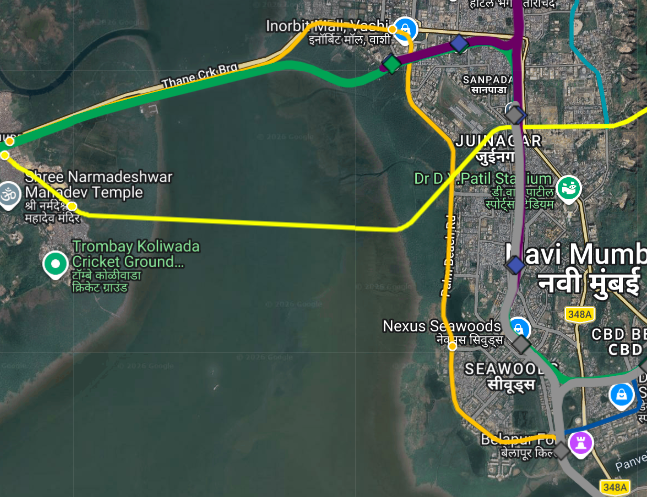 InsideInfraa's tweet photo. Many people keep asking for Metro Line 1 or another Mumbai Metro line to be extended to Vashi and deeper into Navi Mumbai. But metro connectivity to Navi Mumbai is already in the pipeline.

Metro Line 2B is planned to be extended to NMIA, with a branch line to Shirdhon under Phase 2, a planned metro corridor in CTS-2 of Mumbai Metro.

Currently using
@DesiUrbanist's Official Urban Rail Lines in MMR Map as a reference. https://t.co/NOjF3BJquG

The line will cross the creek instead of running parallel to the Vashi Bridge. A bit sad because we could've had the Gold Line, Harbour Line, Vashi Road Bridge, and Yellow Line 2B all crossing the creek together. Could've been a heavenly sight for us railfans, waiting to spot all these trains together.

Once in Navi Mumbai, it lands near Juinagar West, crosses the Sanpada Carshed line and Harbour Line near Juinagar station. We don't have the station list after Maharashtra Nagar–Mandale yet, but I'd expect at least one station near Palm Beach Road and an interchange at Juinagar.

From there it heads through Mindspace Juinagar before tunnelling into the Kharghar hills near Shirvane Waterfall. The tunnel largely follows the Kharghar–Turbhe Link Road corridor and emerges near the Kharghar entry/exit point close to the Gurudwara.

It then runs along Gurudwara Road towards Central Park Metro Station, where it'll likely interchange with Navi Mumbai Metro Line 1. Expect a long skywalk rather than a short interchange.

The alignment then crosses the Taloja River and connects with the Navi Mumbai Metro Line 1 extension at Kalamboli, providing access towards NMIA's eastern side, serving the General Aviation terminals and domestic/international cargo facilities. Passengers heading to Terminal 1, 2, 3 or 4 would likely use the airport's automated people mover.

At Kalamboli Sector 11, the Shirdhon branch separates. This section should also interchange with Kalamboli railway station on the Panvel–Diva–Vasai line. If that corridor is upgraded into a suburban rail route in the future, it could become one of Navi Mumbai's most important rail connections to the outer western suburbs.

The branch continues through Valavali, Tembhode and Adai before joining the Mumbai–Satara Highway corridor towards Chikhale. It could also interchange with Chikhale station on the Panvel–Karjat line, giving Navi Mumbai residents a direct rail connection towards Karjat.

Finally, the line intersects the Virar–Alibaug Multimodal Corridor Metro, should have an interchange there, and terminates at Somatne station on the Roha line, creating a direct connection to trains heading towards the Konkan region.

This Line at larger scale connects to these many lines:-
1. Mumbai Metro Red Line 7 and 9
2. Mumbai Metro Pink Line 6
3. Mumbai Metro Blue Line 1
4. Western Railways @ Bandra West
5. Mumbai Metro Aqua Line 3
6. Mumbai-Ahmedabad HSR @ BKC
7. Mumbai-Pune-Hyderabad HSR @ BKC
8. Mumbai-Nagpur HSR @ BKC
9. Lokmanya Tilak Terminus
10. Central Railways @ Kurla
11. Mumbai Metro Green Line 4
12. Mumbai Monorail
13. Harbour Line @ Mankhurd
14. Mumbai Metro Gold Line 8
15. Harbour Line at Juinagar
16. Mumbai Metro Teal Line
17. Navi Mumbai Metro Line 1
18. Panvel-Diva-Vasai Line at Kalamboli
19. Panvel-Karjat Line @ Chikhale
20. Panvel-Roha Line @ Somatne
21. Most importantly Navi Mumbai International Airport and NMIA Automated People Mover

ABSOLUTELY GOATED METRO LINE 🔥