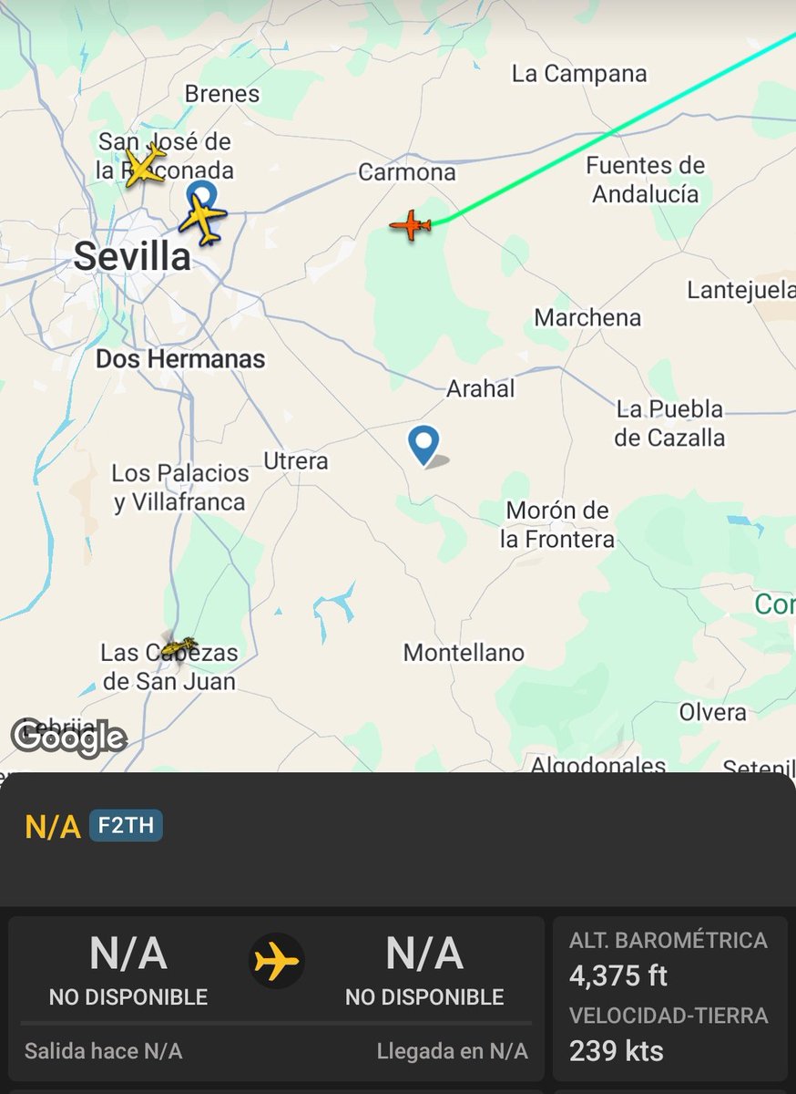 AlejandroM4308's tweet photo. vuelo en vacio llegando a Sevilla. para los que no sepan lo que significa ( es bastante obvió) es el vuelo privado sin el pasajero/pasajeros. solo pilotos. luego sale del sitio con los pasajeros. en etse caso pasajera https://t.co/BrpEyuSEz1