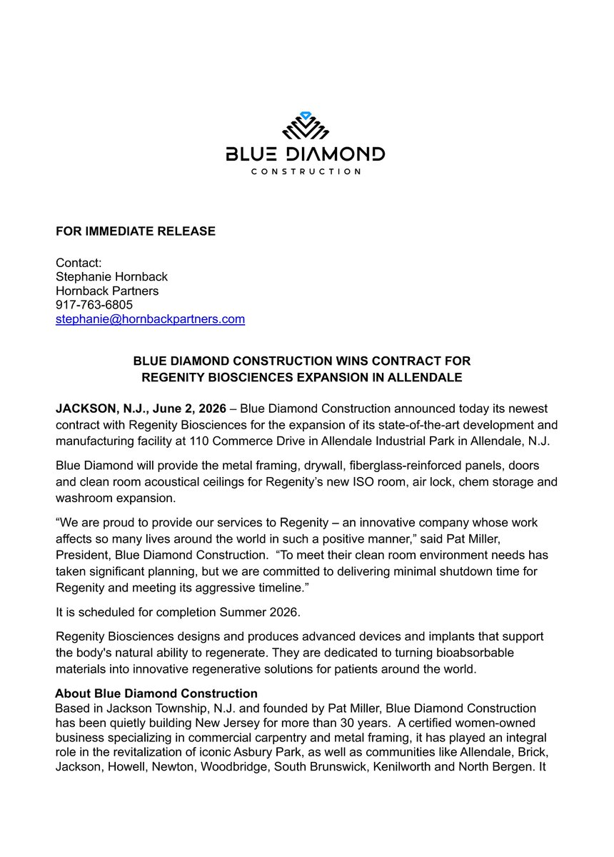 BluedmndNJ's tweet photo. Big news! Blue Diamond Construction newest contract is with @RegenityBio for the clean room expansion at its Allendale, NJ facility. Proud to support the important work they do for patients worldwide. Completion: Summer 2026. #BuildingNJ #WomenOwned #CleanRoom https://t.co/7ywMJRImug