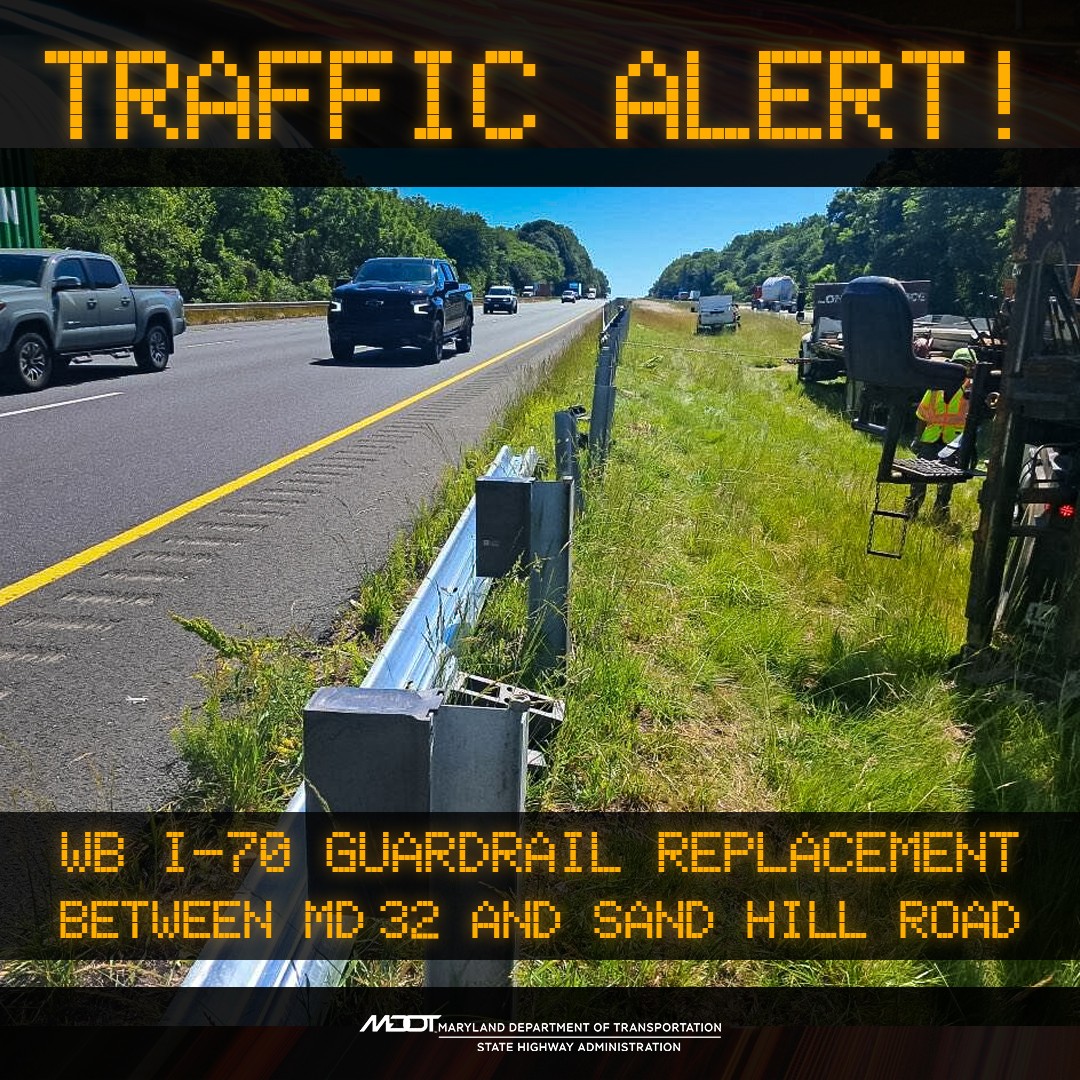 MDSHA's tweet photo. TRAFFIC ALERT: Emergency road work happening now on westbound I-70 in Howard County between MD 32 and Sand Hill Road.

The left lane is closed as crews repair damaged guardrail. Work could impact tonight's commute. Expect delays and pay attention - this is an active work zone. https://t.co/c1aOBCQHPo