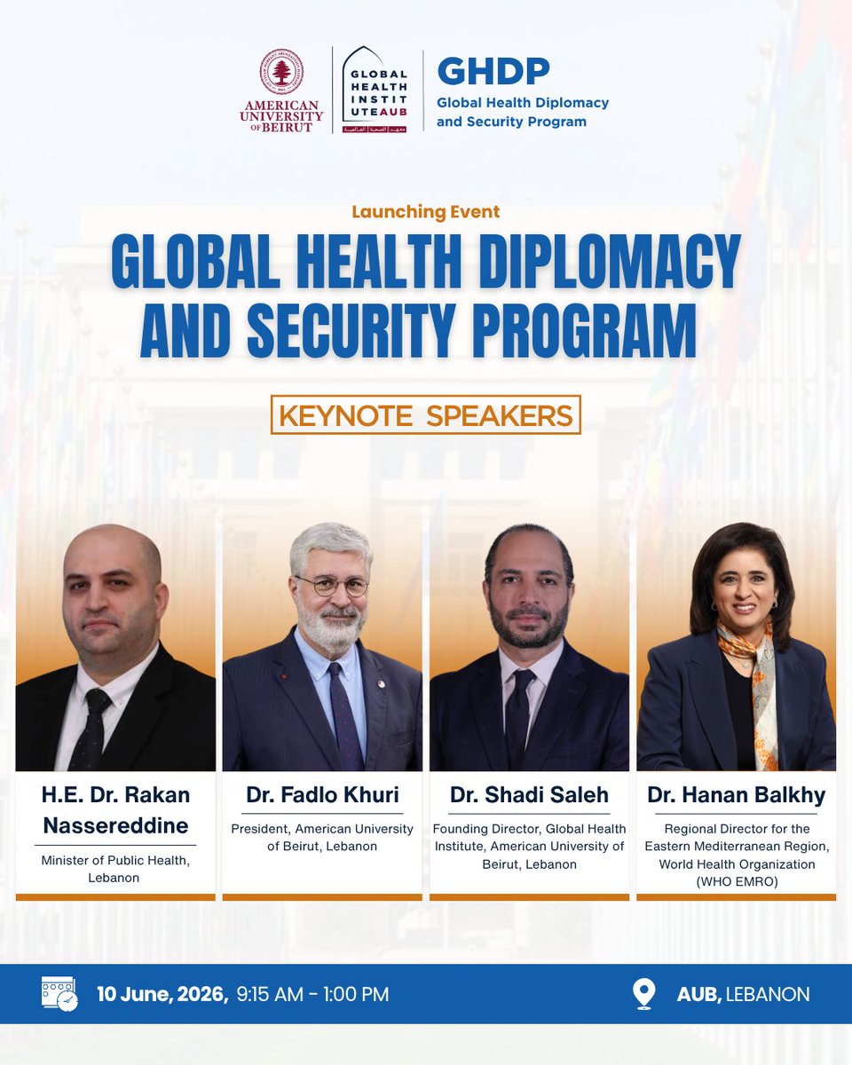 ghiaub's tweet photo. Global Health Diplomacy and Security Program (GHDP) | Launching Event

We are pleased to introduce the distinguished speakers joining us for the launch of the Global Health Diplomacy and Security Program (GHDP) at the Global Health Institute, AUB.

https://t.co/OjgDlBDrr2 https://t.co/u8elnUaKZq