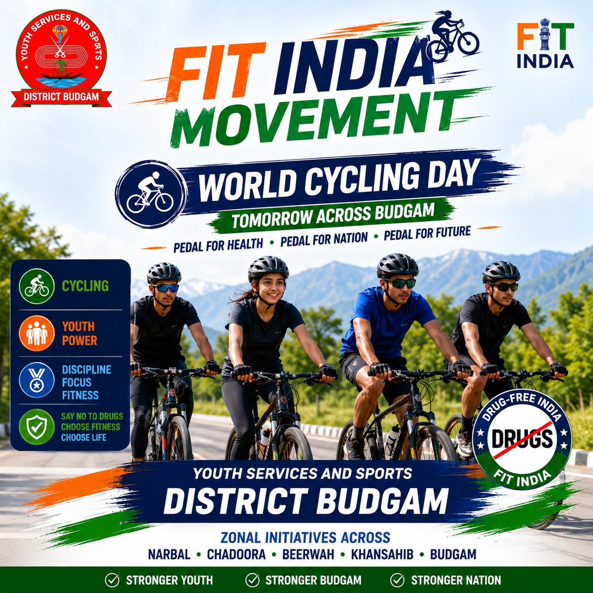 dyssobudgam's tweet photo. 🚴 World Cycling Day tomorrow across Budgam!
Pedal for fitness, strength & healthy living.
DYSS J&K continues to inspire youth towards an active lifestyle.
#WorldCyclingDay #DYSS #FitIndia #YouthPower #JammuKashmir
@listenshahid @AtharAamirKhan
@anuradhagupta_ @dgyssjk https://t.co/DCKKZXF1mT