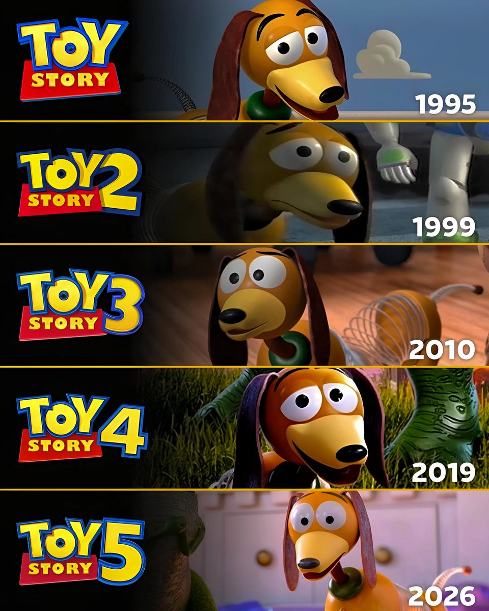 cartoonvibes26's tweet photo. Slinky Dog throughout the Toy Story franchise 🐶🧡

• Toy Story (1995)
• Toy Story 2 (1999)
• Toy Story 3 (2010)
• Toy Story 4 (2019)
• Toy Story 5 (2026)

One of Andy’s most loyal toys, Slinky Dog has been stretching alongside Woody and the gang for over 30 years. 

Which Slinky Dog design is your favorite?