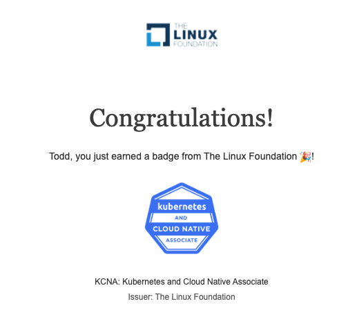 toddpillars's tweet photo. Just passed the CNCF KNCA exam! Big thanks to @mischavdburg and his KubeCraft community and @mmumshad for @KodeKloudHQ online training. @kubernetesio FTW 🥳🎉 https://t.co/bmWZJqOIAY