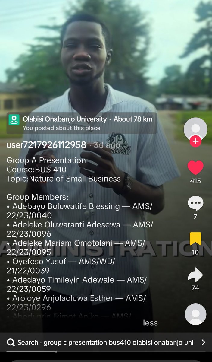seuntoose's tweet photo. Business Admin 400L students are required by their lecturer, Dr. Badiru Basit, to present and submit their project for BUS 410, a presentation course, online via TikTok, then tagged for acknowledgement. https://t.co/7LRdgnCe1e