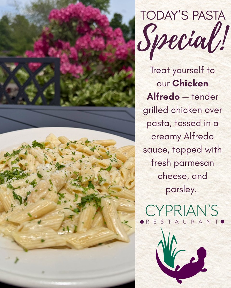 GolfKeyes's tweet photo. Today's specials!

Pressed Cuban Sandwich –sliced pork, ham, melted Swiss cheese, mustard, &amp; pickles.
Creamy Chicken Alfredo –tender grilled chicken served over pasta &amp; tossed in a rich, creamy Alfredo sauce.

Join us for lunch or dinner—we're open until 9PM. #TheChoiceIsCyprian https://t.co/4u6pKohC9D
