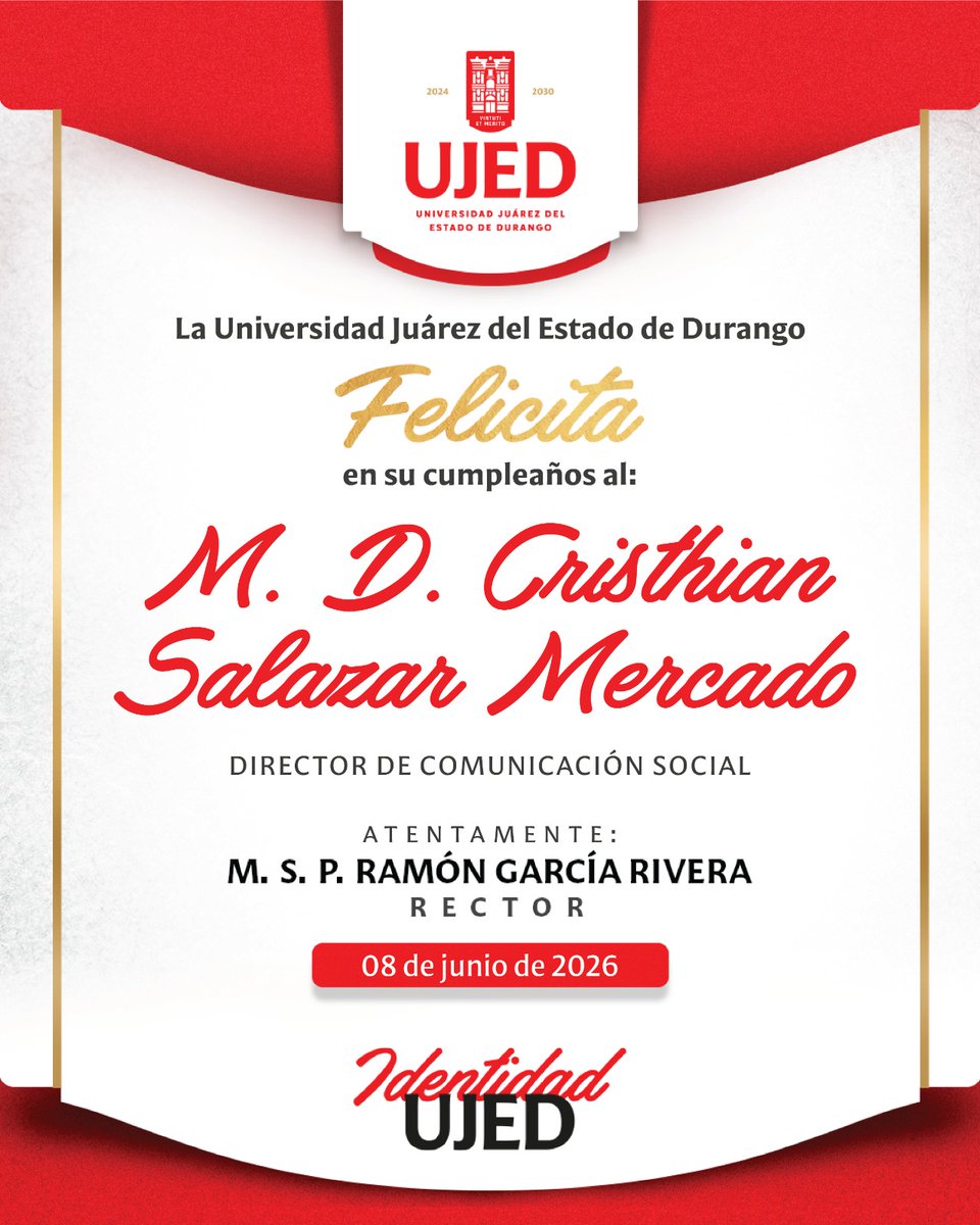 UJED_Oficial's tweet photo. #UJEDTeFelicita 🥳¡Muchas felicidades @salazarmercado! #IdentidadUJED https://t.co/oxcUm6Y7vg