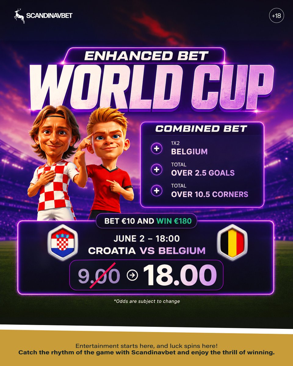 ScandinavBet's tweet photo. 🌍🏆 WORLD CUP SPECIAL – ENHANCED ODDS! 🏆🌍

A huge international showdown is on the horizon as Croatia and Belgium battle for supremacy! 🇭🇷⚔️🇧🇪

🔥 Combined Bet Selection:
✅ Belgium to Win
✅ Over 2.5 Goals
✅ Over 10.5 Corners

💰 Enhanced Odds: 9.00 ➜ 18.00 https://t.co/WeURjs1Xo4