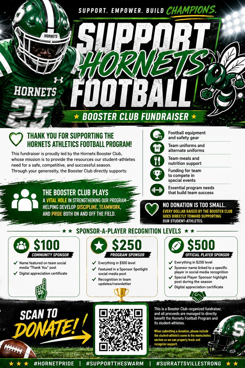 williamsl0309's tweet photo. 🚨 **HORNETS NATION!** 🦅💚🖤
The Fall Fundraiser is LIVE! Help us fund safety gear, uniforms, & meals.
🟢 $100 - Community
⭐ $250 - Program
🏈 $500 - Player Sponsor
📲 **Scan the QR code to donate!** ⚠️ *Put the player's name in the notes!*
#HornetPride #SupportTheSwarm https://t.co/TqRd7fJDZy