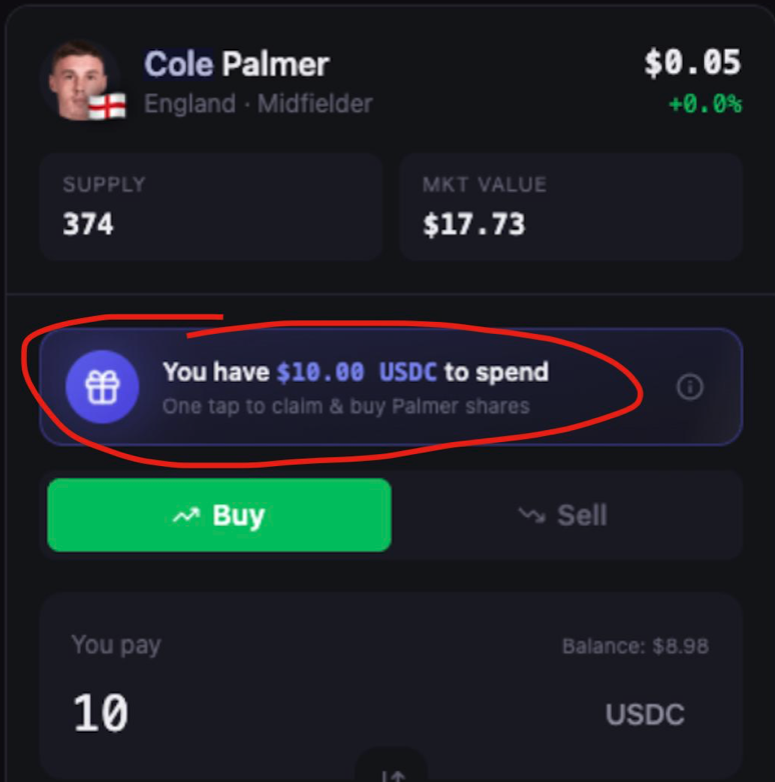 PlayerMarketPro's tweet photo. The testers have been selected 🎉
Thank you all again 🫡

To claim your USDC simply go to https://t.co/VnfnJkvA2g and connect your wallet. If you were selected you'll see a message like this where you can claim and buy shares worth 5 USDC.

If you do this and:
1. Take a screenshot of your player and post it on X
2. Share here the link to the post
3. And don't sell

You'll get 5 USDC more tomorrow 🤝