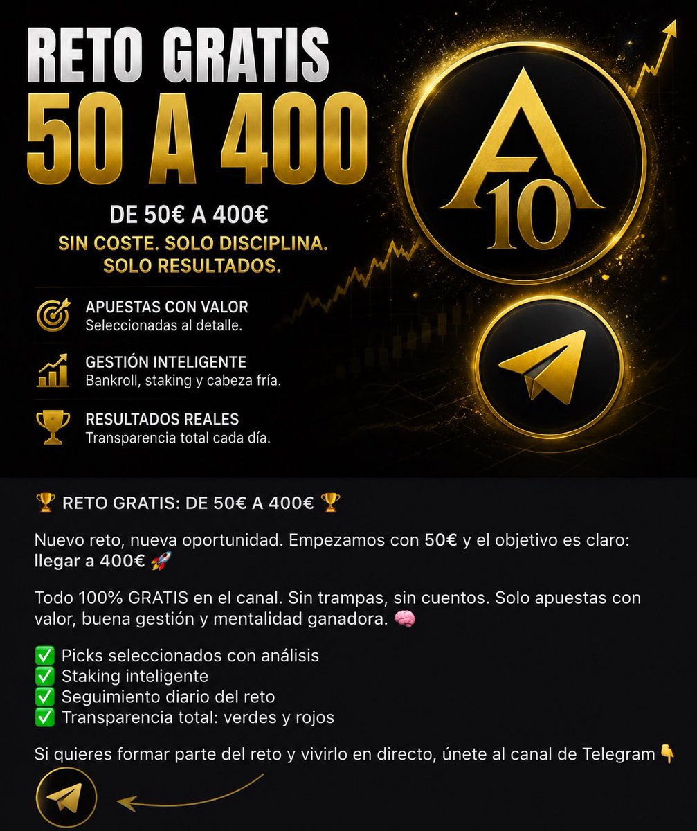 Alvaro10tips's tweet photo. 🚀 RETO GRATIS 50€ ➜ 400€ 🚀
Volvemos a la carga con un nuevo reto y esta vez empezamos desde 50€ con un objetivo muy claro: alcanzar los 400€ paso a paso.
Nada de cuotas imposibles ni promesas vacías. Solo selección, gestión y disciplina. 📈
Durante el reto compartiré cada movimiento, cada apuesta y cada resultado para que podáis seguir toda la evolución desde dentro.
✅ Acceso totalmente GRATIS