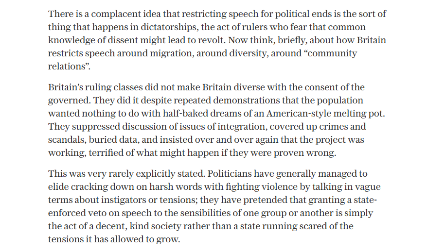 SAshworthHayes's tweet photo. There's a common thread that runs through the way police officers arrested Henry Nowak when his killer invoked "racism", the domestic propaganda unit wheeled out after terror attacks, the attempts to enforce Islamic blasphemy law, the cover-up of the grooming gangs, the clamp down on free speech, and it runs something like this:

The revealed preference for Britain's establishment is for unprecedented levels of migration. The repeatedly revealed preference of the population is for massive reductions in this number. Migration has been pushed on this country against its will.

The result is friction. Friction between people, friction between groups, increasingly sectarian politics as people begin to see the decision of 'who governs' as an existential one. And where there's enough friction, there's fire.

The way the state handles this is to refocus itself on reducing friction, rather than upholding what the law might actually say. A low-level counter-insurgency against its own people. A crime against an individual is unfortunate; a crime against a group is intolerable. Imperial style policing, brought home.

The difference that gives rise to the 'two-tier' element is the size of the groups involved. The 2010 and 2024 riots showed that the state would struggle to deal with any large scale disorder; by definition, any significant dissent from the majority would give rise to this disorder. 

The way that the state has chosen to handle this is to treat minority groups with a certain deference and lenience, making "small" concessions with relatively limited impact that buy a degree of peace, and to treat the majority with utter ruthlessness. The Harehills riot saw the police retreat; the Southport riots less than two weeks later saw maximal deployment of state capacity and a "shared understanding" that the courts would do the bidding of Government with quick, tough sentences. This is not "policing by consent" in the old Peelian model. That was not "the public must consent to the law being enforced", but that the police would try to win the trust of the community, singular. Now there are communities, plural, with conflicting views and interests, and the result is that policing has retreated from what it sees as contested ground.

At times, the new reality is even stated bluntly. The National Police Chiefs Council states that its goal is "producing equality of policing outcomes", and that this "does not mean treating everyone 'the same' or being 'colour blind' (racial equality)". 

From monitoring what you say online to reorienting policing around the management of "tensions" between groups to endless efforts to promote the idea of diversity as a good, or play down any identity-based element in incidents with a majority victim. Two-tier policing is a function of numbers. And it is by this point completely clear that the Establishment has committed to this strategy so completely that it cannot reverse it without totally discrediting itself.