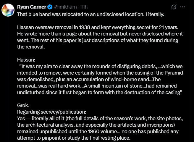 EthicalSkeptic's tweet photo. 55,000 tons of reconstituted limestone ...removed in 1938 - "very difficult..."

There is NO WAY you remove 55,000 tons of limestone cement and not think "hmmm... maybe this is what is left of the missing 75,000 tons of casing stones..."

Instead they opted to
1. ignore this scientific method question
2. hide the material so it would never be found

Just as in the case of the forged quarry marks, they knew EXACTLY what they were doing.

This is part of how they pull the wool over your eyes now.