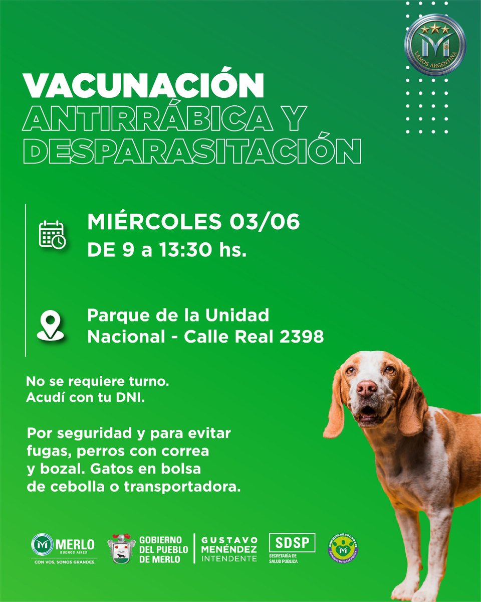 MerloGob's tweet photo. Sumate a la Campaña Gratuita de Vacunación
Antirrábica en #Merlo🐾
📅 03/06 - Parque de la Unidad Nacional, Calle Real 2398
📅 04/06 - Club La Peña, Curapaligüe y Gómez Fretes
🕚 De 9 a 13.30 hs
👉La rabia no tiene cura, pero podemos
controlarla. Sumate a esta campaña!
#MerloGob https://t.co/joMmD0X10e