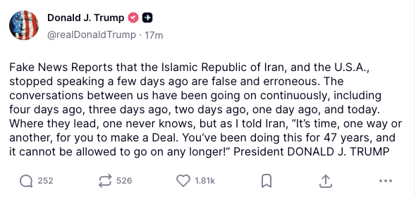 CaitlinDoornbos's tweet photo. President Trump denies Iranian reports that Tehran and Washington have stopped talking. https://t.co/Kz18SONq00
