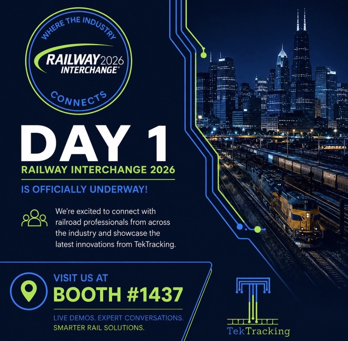 TekTracking's tweet photo. Day 1 of #RailwayInterchange2026 is underway.

The TekTracking team is ready at Booth #1437 with live demos, industry conversations, and innovative railroad technology solutions.

Stop by and say hello.

#Railroad #RailTech #TekTracking https://t.co/NMKooH52lk